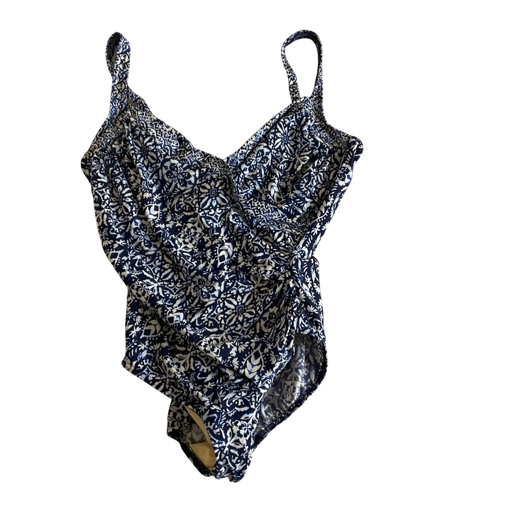 Miraclesuit One Piece Swimsuit Women 10 Blue White Ruched‎ Tummy Control